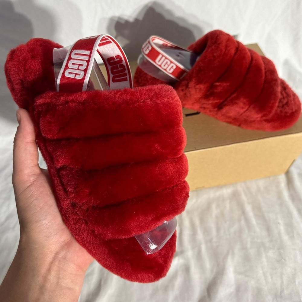 UGG Australia Fluff Yeah Slides Red White New Woman's 5.5